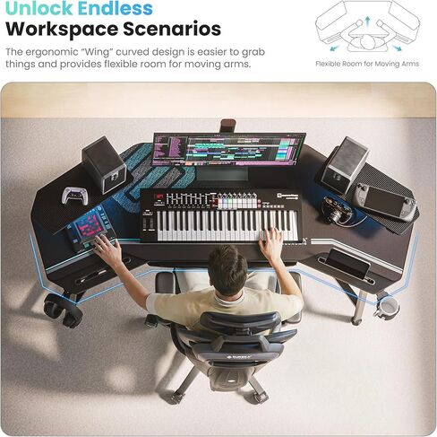 EUREKA ERGONOMIC Aero 72 Inch Gaming Desk with Keyboard Tray, Large Computer Desk Led Lights, Wing-Shaped Monitor Stand Dual Headphone Hanger Cup Holder for Studio,Streamer,Live,Black in Kuwait