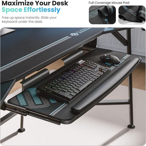 EUREKA ERGONOMIC Aero 72 Inch Gaming Desk with Keyboard Tray, Large Computer Desk Led Lights, Wing-Shaped Monitor Stand Dual Headphone Hanger Cup Holder for Studio,Streamer,Live,Black in Kuwait