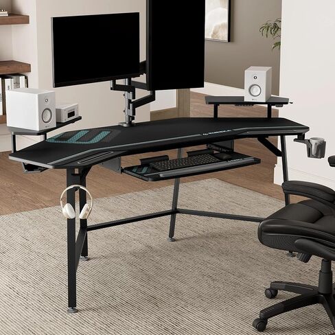 EUREKA ERGONOMIC Aero 72 Inch Gaming Desk with Keyboard Tray, Large Computer Desk Led Lights, Wing-Shaped Monitor Stand Dual Headphone Hanger Cup Holder for Studio,Streamer,Live,Black in Kuwait