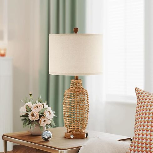 Rattan Table Lamps Set of 2 Wicker Lamps 3 Way Dimmable Touch Control Farmhouse Rustic Coastal Lamps with USB Port for Bedroom Living Room Office (LED Bulbs Included) in Kuwait