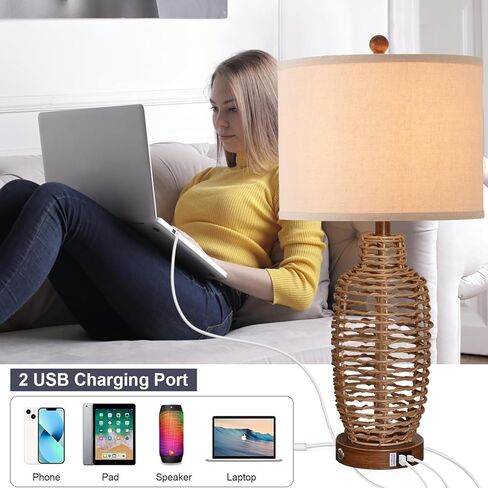 Rattan Table Lamps Set of 2 Wicker Lamps 3 Way Dimmable Touch Control Farmhouse Rustic Coastal Lamps with USB Port for Bedroom Living Room Office (LED Bulbs Included) in Kuwait
