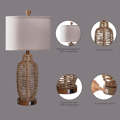 Rattan Table Lamps Set of 2 Wicker Lamps 3 Way Dimmable Touch Control Farmhouse Rustic Coastal Lamps with USB Port for Bedroom Living Room Office (LED Bulbs Included) in Kuwait