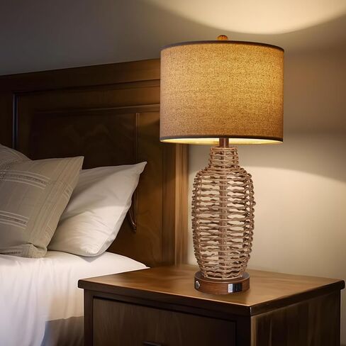Rattan Table Lamps Set of 2 Wicker Lamps 3 Way Dimmable Touch Control Farmhouse Rustic Coastal Lamps with USB Port for Bedroom Living Room Office (LED Bulbs Included) in Kuwait