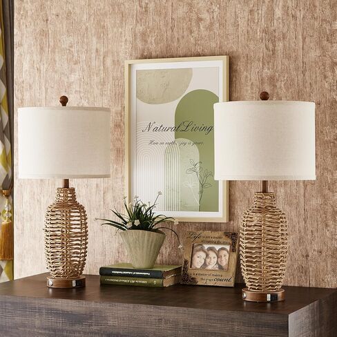 Rattan Table Lamps Set of 2 Wicker Lamps 3 Way Dimmable Touch Control Farmhouse Rustic Coastal Lamps with USB Port for Bedroom Living Room Office (LED Bulbs Included) in Kuwait