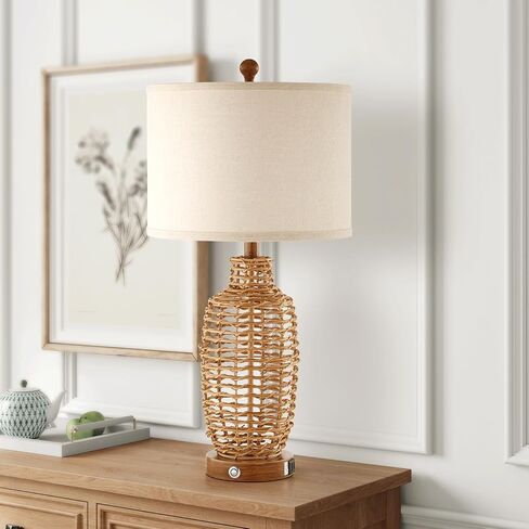 Rattan Table Lamps Set of 2 Wicker Lamps 3 Way Dimmable Touch Control Farmhouse Rustic Coastal Lamps with USB Port for Bedroom Living Room Office (LED Bulbs Included) in Kuwait