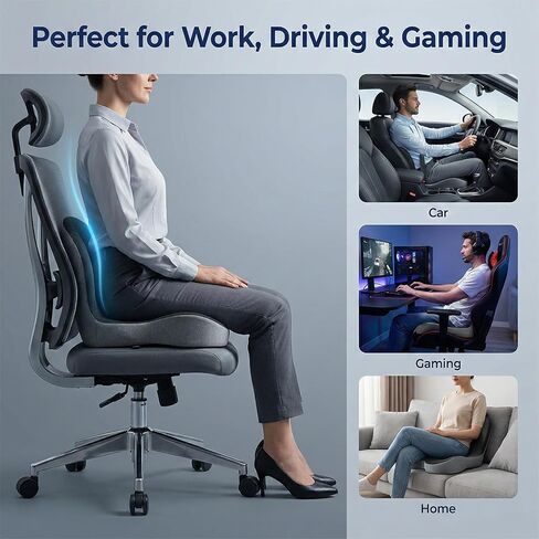 Seat Cushion Memory Foam with Ergonomic L-Shaped Extra Wide Support for Lower Back Relief, Comfort Cushion for Office Chair, Car Seat & Gaming Seat, Helps Sciatica Pain, Posture Improvement (Gray) in Saudi Arabia