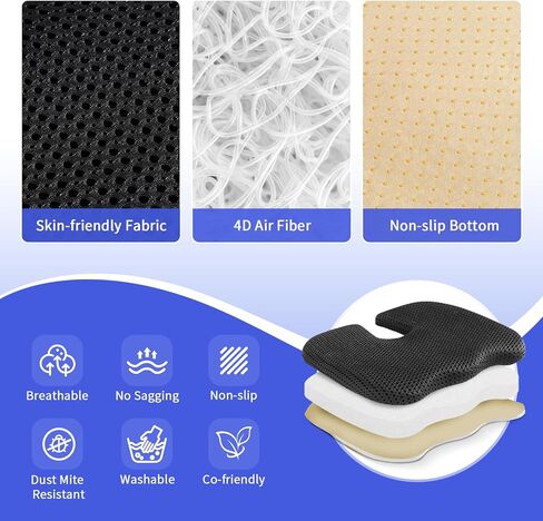 Gooo&Ma Car Seat Cushion & Office Chair Pad - Air Fiber Breathable U-Shape Cooling Cushion for Tailbone Comfort, Driving, Desk & Gaming, Ergonomic Washable Seat Pad with Non-Slip Base(Black) in Saudi Arabia