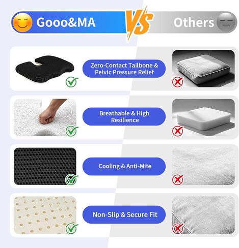 Gooo&Ma Car Seat Cushion & Office Chair Pad - Air Fiber Breathable U-Shape Cooling Cushion for Tailbone Comfort, Driving, Desk & Gaming, Ergonomic Washable Seat Pad with Non-Slip Base(Black) in Saudi Arabia