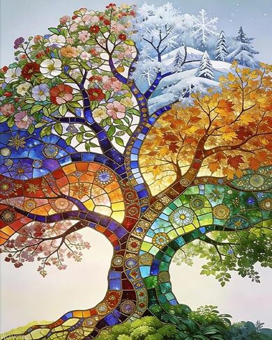 WUIVCTR Colorful Glass Tree of Life, Four Seasons Paint by Numbers Kit for Adults, Oil Painting Kit for Beginners, 16x20 Inch, Impossible Holiday Gift in Kuwait