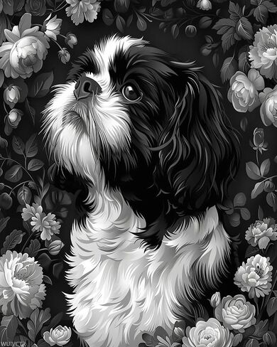 WUIVCTR Paint by Numbers Kit for Adults Beginner DIY Color by Number Set on Canvas Black and White Shih Tzu Dog Flowers Acrylic Oil Paintings Crafts, Gifts, Home Wall Decor (16x20 inches) in Kuwait