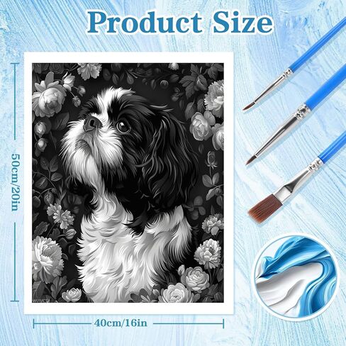 WUIVCTR Paint by Numbers Kit for Adults Beginner DIY Color by Number Set on Canvas Black and White Shih Tzu Dog Flowers Acrylic Oil Paintings Crafts, Gifts, Home Wall Decor (16x20 inches) in Kuwait