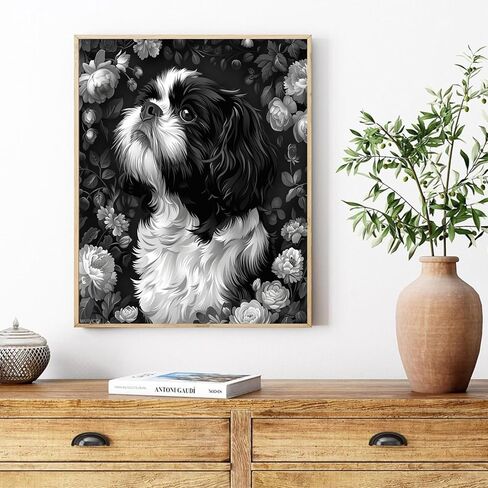 WUIVCTR Paint by Numbers Kit for Adults Beginner DIY Color by Number Set on Canvas Black and White Shih Tzu Dog Flowers Acrylic Oil Paintings Crafts, Gifts, Home Wall Decor (16x20 inches) in Kuwait