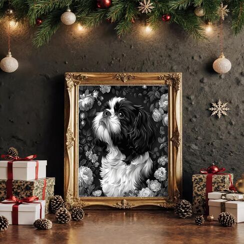 WUIVCTR Paint by Numbers Kit for Adults Beginner DIY Color by Number Set on Canvas Black and White Shih Tzu Dog Flowers Acrylic Oil Paintings Crafts, Gifts, Home Wall Decor (16x20 inches) in Kuwait