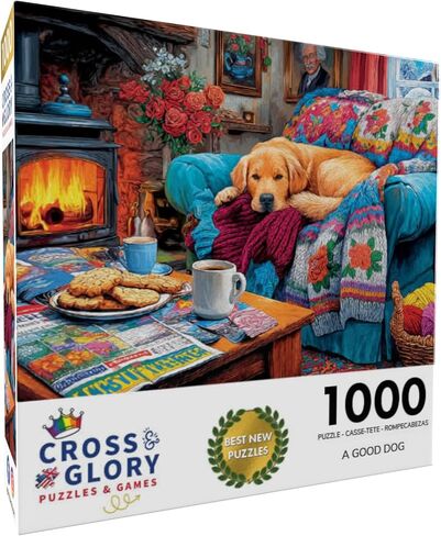 Cross & Glory – A Good Dog – 1000 Piece Jigsaw Puzzle for Adults | Cozy Cabin Fireplace Scene with Sleeping Golden Retriever | Warm, Sentimental Winter Puzzle in Kuwait
