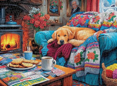 Cross & Glory – A Good Dog – 1000 Piece Jigsaw Puzzle for Adults | Cozy Cabin Fireplace Scene with Sleeping Golden Retriever | Warm, Sentimental Winter Puzzle in Kuwait