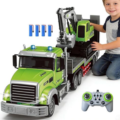 11 Channel RC Semi Truck & RC Excavator Toy Set, 1:12 Remote Control Flatbed Truck with Trailer, Engineering Vehicle with Sound & Lights, Alloy Bucket Excavator Toys, Great Gift for Boys Kids in Saudi Arabia