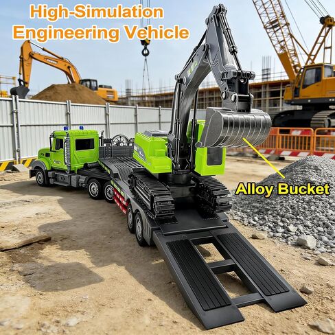 11 Channel RC Semi Truck & RC Excavator Toy Set, 1:12 Remote Control Flatbed Truck with Trailer, Engineering Vehicle with Sound & Lights, Alloy Bucket Excavator Toys, Great Gift for Boys Kids in Saudi Arabia