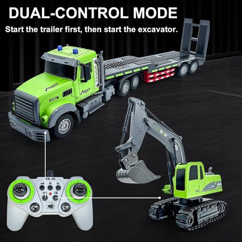 11 Channel RC Semi Truck & RC Excavator Toy Set, 1:12 Remote Control Flatbed Truck with Trailer, Engineering Vehicle with Sound & Lights, Alloy Bucket Excavator Toys, Great Gift for Boys Kids in Saudi Arabia
