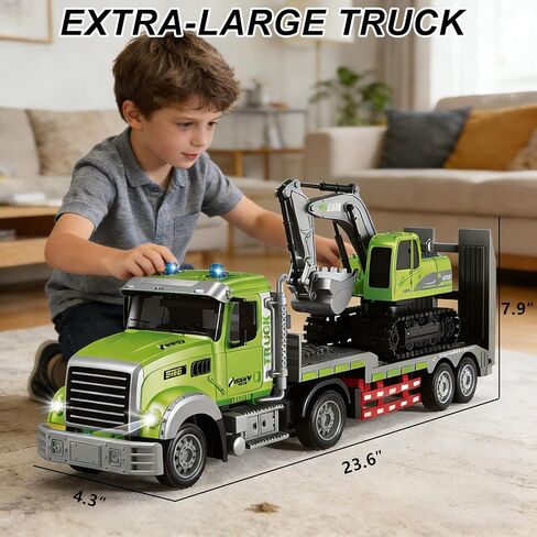 11 Channel RC Semi Truck & RC Excavator Toy Set, 1:12 Remote Control Flatbed Truck with Trailer, Engineering Vehicle with Sound & Lights, Alloy Bucket Excavator Toys, Great Gift for Boys Kids in Saudi Arabia