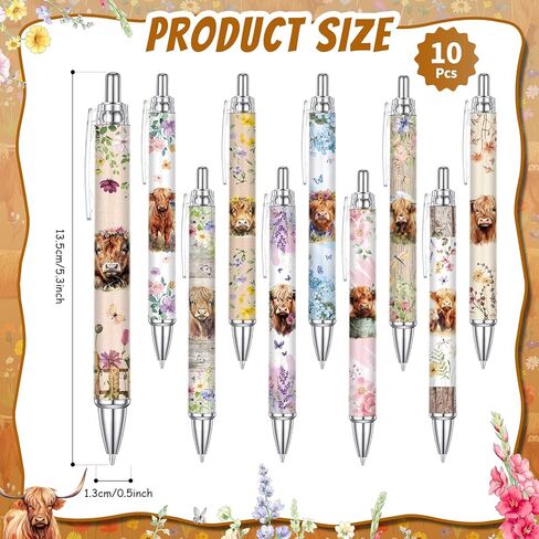 10 Pcs Highland Cow Pens Set, Cute Print Ballpoint Pen Black Ink Kawaii Writting Stationary for School Home Decor Office Supplies Women Desk Accessories Coworker Teacher Gifts in Kuwait
