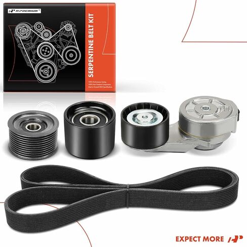 A-Premium Engine Serpentine Drive Belt Kit with Tensioner & Idler Pulley Compatible with Volvo Cars - VAH 2011-2015, VHD 2001-2003/2011-2015, VNL/VNM 2013-2013 - 10.8L in Kuwait
