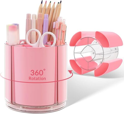 KONVINIT Pink Pen Holder for Desk, 5 Slots 360° Rotating Pen Organizer, Cute Desk Organizers and Accessories for School, Home, Office and Art Supply in Saudi Arabia