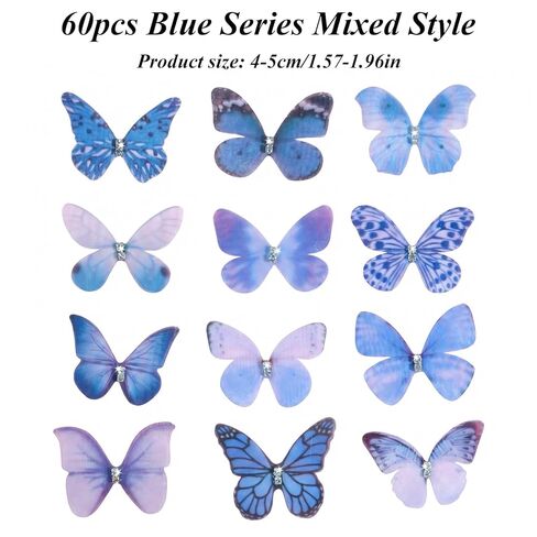 60 Pcs Organza Butterfly 2 Layers Appliques Organza 3D Lace Wings Wall Decoration for Crafts Wedding Party and Home Decor (Blue) in Kuwait