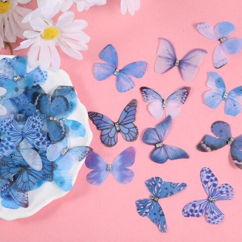 60 Pcs Organza Butterfly 2 Layers Appliques Organza 3D Lace Wings Wall Decoration for Crafts Wedding Party and Home Decor (Blue) in Kuwait
