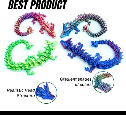 3D Printed Crystal Dragon Fidget Toys, 4Pcs - 12-Inch Articulated Dragons | Flexible Dragon Toys & Collectible 3D Printed Dragons in Kuwait