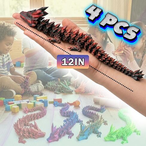 3D Printed Crystal Dragon Fidget Toys, 4Pcs - 12-Inch Articulated Dragons | Flexible Dragon Toys & Collectible 3D Printed Dragons in Kuwait