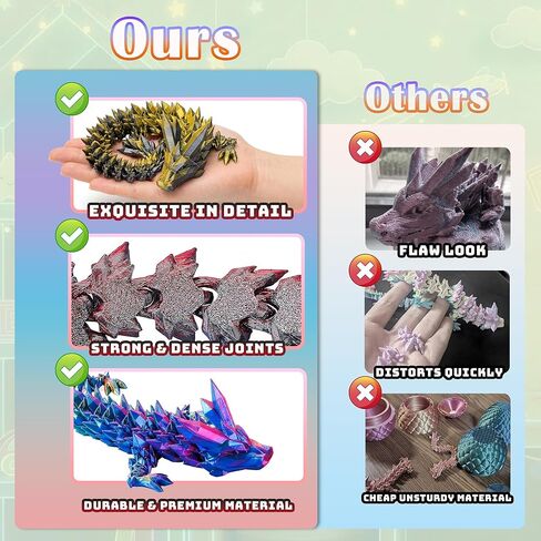 3D Printed Crystal Dragon Fidget Toys, 4Pcs - 12-Inch Articulated Dragons | Flexible Dragon Toys & Collectible 3D Printed Dragons in Kuwait