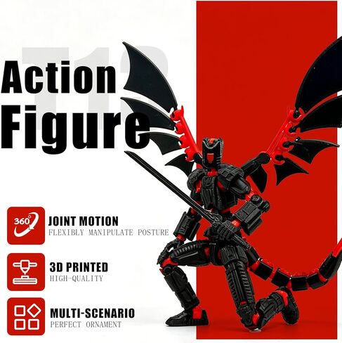 Pre-Assembled T13 3D Printed Robot Action Figure Set with Dragon, Multi-Jointed Movable Toy with Accessories & Weapons, Collectible Action Figures for Boys and Gamers (Black Red) in Kuwait