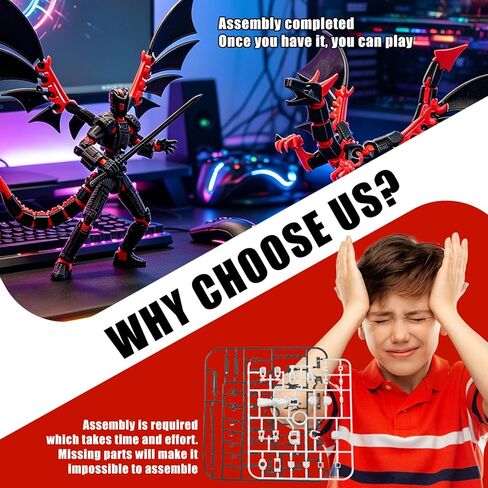 Pre-Assembled T13 3D Printed Robot Action Figure Set with Dragon, Multi-Jointed Movable Toy with Accessories & Weapons, Collectible Action Figures for Boys and Gamers (Black Red) in Kuwait