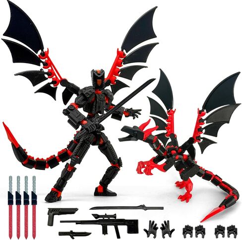Pre-Assembled T13 3D Printed Robot Action Figure Set with Dragon, Multi-Jointed Movable Toy with Accessories & Weapons, Collectible Action Figures for Boys and Gamers (Black Red) in Kuwait