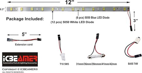 ICBEAMER 12 بوصة يتغير لونها من الأزرق إلى الأبيض 18 SMDs 5050 LED شريط إضاءة يناسب منطقة حمولة السيارة وديكور الإضاءة المحيطة الداخلية in Kuwait