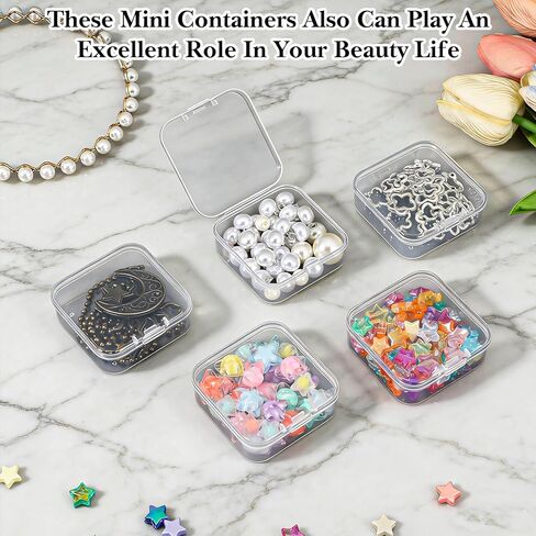 Qianyu 100 PCS Small Plastic Beads Storage Containers Clear Square Box Mini Small Items Holder Case with Hinged Lid for Art Craft Clay Beads Bracelet Jewelry Nail DIY (2.16 × 2.16 × 0.78 Inch) in Kuwait