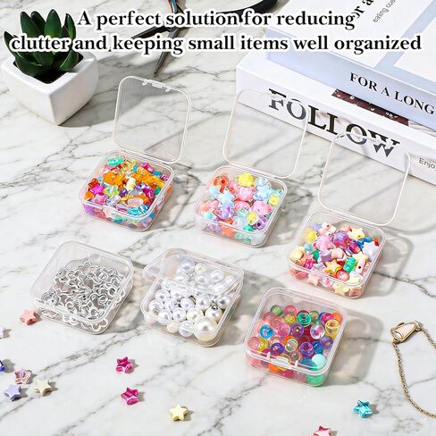 Qianyu 100 PCS Small Plastic Beads Storage Containers Clear Square Box Mini Small Items Holder Case with Hinged Lid for Art Craft Clay Beads Bracelet Jewelry Nail DIY (2.16 × 2.16 × 0.78 Inch) in Kuwait