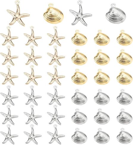 PH PandaHall 40pcs Starfish Shell Charms, 4 Style 304 Stainless Steel Sea Scallop Metal Charms Pendants Ocean Seashell Dangle Charm for Beach Hawaii Earring Necklace Bracelet Jewelry Making in Kuwait