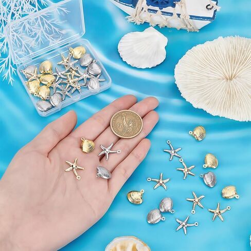 PH PandaHall 40pcs Starfish Shell Charms, 4 Style 304 Stainless Steel Sea Scallop Metal Charms Pendants Ocean Seashell Dangle Charm for Beach Hawaii Earring Necklace Bracelet Jewelry Making in Kuwait