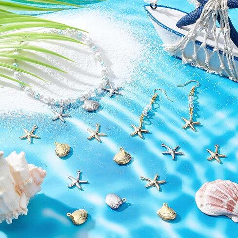 PH PandaHall 40pcs Starfish Shell Charms, 4 Style 304 Stainless Steel Sea Scallop Metal Charms Pendants Ocean Seashell Dangle Charm for Beach Hawaii Earring Necklace Bracelet Jewelry Making in Kuwait