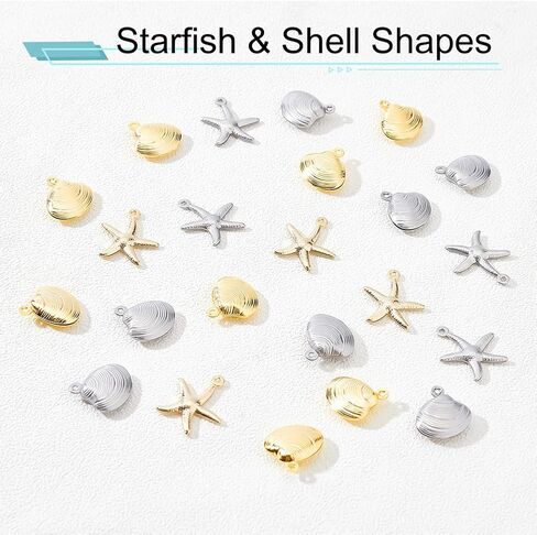 PH PandaHall 40pcs Starfish Shell Charms, 4 Style 304 Stainless Steel Sea Scallop Metal Charms Pendants Ocean Seashell Dangle Charm for Beach Hawaii Earring Necklace Bracelet Jewelry Making in Kuwait