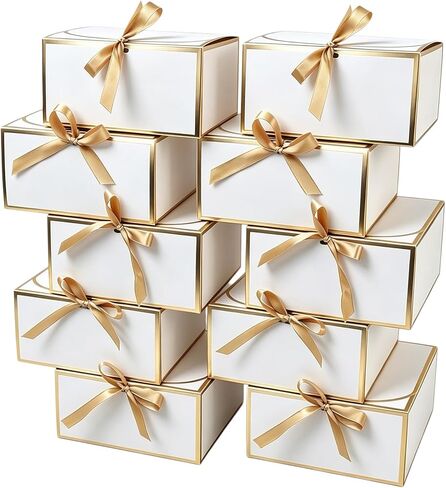 JOYIT 10 Pack White Gift Boxes with Lids for Presents - 8 x 8 x 4 inches Bridesmaid Proposal Box with Ribbon, Gold Foil Boxes for Gifts for Wedding, Birthday & Baby Shower Party Favors Anniversary in Saudi Arabia