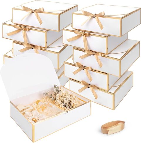 JOYIT 10 Pack White Gift Boxes with Lids for Presents - 8 x 8 x 4 inches Bridesmaid Proposal Box with Ribbon, Gold Foil Boxes for Gifts for Wedding, Birthday & Baby Shower Party Favors Anniversary in Saudi Arabia