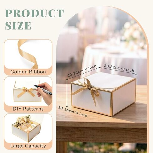 JOYIT 10 Pack White Gift Boxes with Lids for Presents - 8 x 8 x 4 inches Bridesmaid Proposal Box with Ribbon, Gold Foil Boxes for Gifts for Wedding, Birthday & Baby Shower Party Favors Anniversary in Saudi Arabia