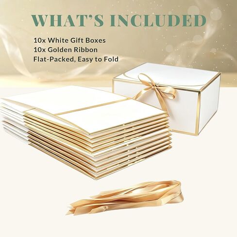 JOYIT 10 Pack White Gift Boxes with Lids for Presents - 8 x 8 x 4 inches Bridesmaid Proposal Box with Ribbon, Gold Foil Boxes for Gifts for Wedding, Birthday & Baby Shower Party Favors Anniversary in Saudi Arabia