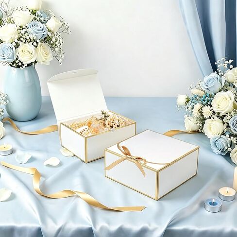 JOYIT 10 Pack White Gift Boxes with Lids for Presents - 8 x 8 x 4 inches Bridesmaid Proposal Box with Ribbon, Gold Foil Boxes for Gifts for Wedding, Birthday & Baby Shower Party Favors Anniversary in Saudi Arabia