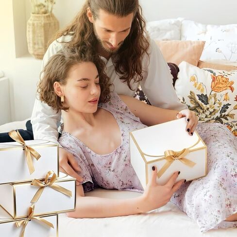 JOYIT 10 Pack White Gift Boxes with Lids for Presents - 8 x 8 x 4 inches Bridesmaid Proposal Box with Ribbon, Gold Foil Boxes for Gifts for Wedding, Birthday & Baby Shower Party Favors Anniversary in Saudi Arabia