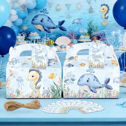 ديكورات حفلات GRULLlN Under the Sea - 12 قطعة من علب هدايا حلوى الحلوى الجيدة لحفلات حيوانات المحيط مع علامات شكر لمستلزمات استحمام الطفل في عيد الميلاد in Kuwait