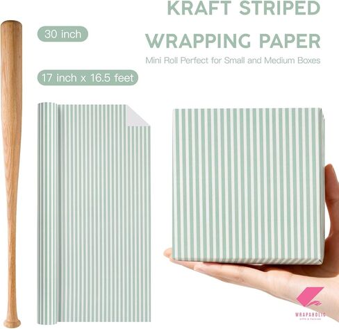 WRAPAHOLIC Kraft Striped Wrapping Paper Roll - Mini Roll - 17 Inch x 16.5 Feet - Classic Sage Green Stripe Wrapping Paper for Birthday, Wedding, Baby Shower, Bridal Shower in Kuwait