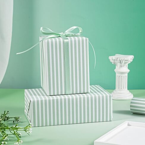 WRAPAHOLIC Kraft Striped Wrapping Paper Roll - Mini Roll - 17 Inch x 16.5 Feet - Classic Sage Green Stripe Wrapping Paper for Birthday, Wedding, Baby Shower, Bridal Shower in Kuwait